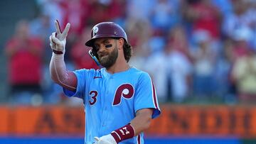 PHILADELPHIA, PENNSYLVANIA - JUNE 27: Bryce Harper #3 of the Philadelphia Phillies gestures after hitting an RBI double in the bottom of the first inning against the Miami Marlins at Citizens Bank Park on June 27, 2024 in Philadelphia, Pennsylvania.   Mitchell Leff/Getty Images/AFP (Photo by Mitchell Leff / GETTY IMAGES NORTH AMERICA / Getty Images via AFP)