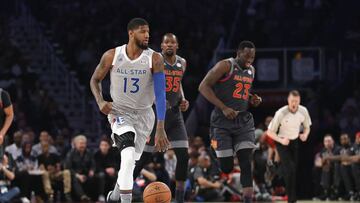 NEW ORLEANS, LA - FEBRUARY 19: Paul George #13 of the Indiana Pacers dribbles the ball in the first half of the 2017 NBA All-Star Game at Smoothie King Center on February 19, 2017 in New Orleans, Louisiana. NOTE TO USER: User expressly acknowledges and agrees that, by downloading and/or using this photograph, user is consenting to the terms and conditions of the Getty Images License Agreement.   Ronald Martinez/Getty Images/AFP
 == FOR NEWSPAPERS, INTERNET, TELCOS &amp; TELEVISION USE ONLY ==