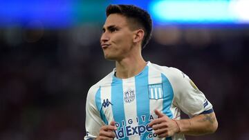 Racing's Paraguayan midfielder Matias Rojas celebrates after scoring during the Copa Libertadores group stage second leg football match between Brazil's Flamengo and Argentina's Racing Club at Maracana stadium in Rio de Janeiro, Brazil, on June 8, 2023. (Photo by ALEXANDRE LOUREIRO / AFP)