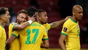 Soccer Football - World Cup - South American Qualifiers - Brazil v Ecuador - Estadio Beira-Rio, Porto Alegre, Brazil - June 4, 2021 Brazil's Neymar celebrates scoring their second goal with teammates REUTERS/Diego Vara