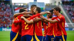 BERLÍN (ALEMANIA), 15/06/2024.- El defensa de la selección española Dani Carvajal (2-i) celebra con sus compañeros tras marcar el 3-0 durante el partido del grupo B de la Eurocopa 2024 entre España y Croacia, este sábado en el Estadio Olímpico de Berlín, Alemania. EFE/Alberto Estévez
