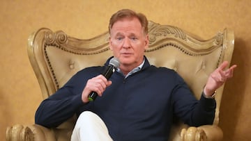 Apr 23, 2025; Green Bay, WI, USA; NFL commissioner Roger Goodell at the NFL Draft Fan Forum at the Tundra Lodge. Mandatory Credit: Kirby Lee-Imagn Images