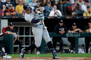 Judge (99) hits a RBI double against the Chicago White Sox during the first inning.