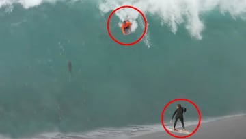 Un skimboarder encara una ola gigante orillera desde la arena y un bodyboarder hace lo propio desde el labio de la ola. Ambos rodeados por un c&iacute;rculo rojo. 