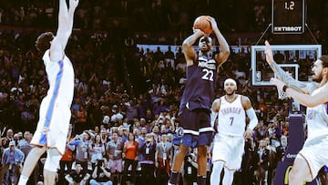 Amdrew Wiggins anota el triple de la victoria en OKC sobre la bocina.