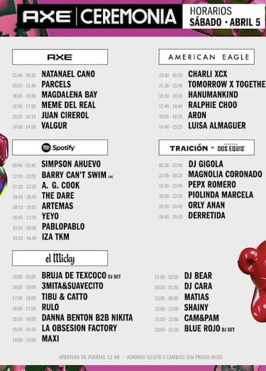 Festival Ceremonia 2025: horarios y quién actua hoy, 5 de abril | Natanael Cano, Charli XCX, TXT