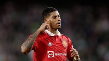 SEVILLA, SPAIN - MARCH 16: Marcus Rashford of Manchester United celebrates 0-1 during the UEFA Europa League match between Real Betis Sevilla v Manchester United at the Estadio Benito Villamarin on March 16, 2023 in Sevilla Spain (Photo by Eric Verhoeven/Soccrates/Getty Images)