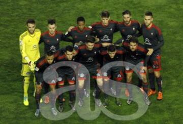 Once del Celta. De pie: Sergio, Drazic, Beauvue, Señé, Sergi Gómez y Goldar. Agachados: Bongonda, Hugo Mallo, Planas, Radoja y Borja Fernández.