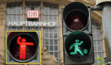 En Alemania se respira ambiente de fútbol en cada rincón, por su condición de ser el país anfitrión de la Eurocopa. En Frankfurt han modificado los semáforos para peatones en los aledaños de la estación principal de tren. Así, el icono verde habitual se reemplazó por un futbolista y el rojo, por un árbitro mostrando una tarjeta.