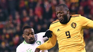 Belgium&#039;s Romelu Lukaku, right, goes up against Saudi Arabia&#039;s Motaz Hawsawi during an international friendly soccer match between Belgium and Saudi Arabia at King Baudouin stadium in Brussels on Tuesday, March 27, 2018. (AP Photo/Geert Vanden W