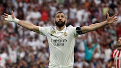 Benzema celebra su último gol con el Madrid.