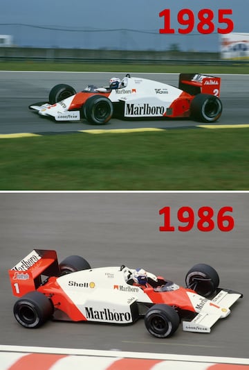 En 1985 Alain Prost se impuso con su McLaren-TAG Porsche al Ferrari de Michele Alboreto, logrando el campeonato. Al año siguiente el francés ganó su segundo título consecutivo en 1986 con McLaren-TAG venciendo a los más potentes Williams-Honda. Prost ganó la última carrera del GP de Australia tras el fatídico reventón de Nigel Mansell, a quien superó por solo 2 puntos tras tener una desventaja de 7.