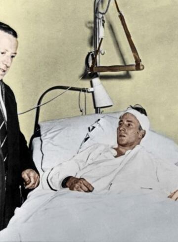 Pictured on 8 February, two days after the crash, Bobby Charlton recovers in hospital after surviving with head injuries.