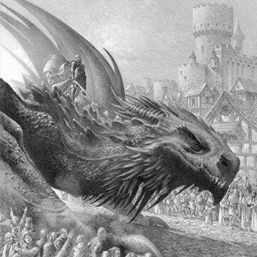 Aegon Targaryen sobre Balerion, el Terror Negro. Ilustraci&oacute;n del libro Fuego y Sangre (Doug Wheatley).