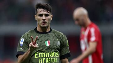 MILAN, ITALY - OCTOBER 22: Brahim Diaz of AC Milan celebrates after scoring his team's second goal during the Serie A match between AC MIlan and AC Monza at Stadio Giuseppe Meazza on October 22, 2022 in Milan, Italy. (Photo by Sportinfoto/DeFodi Images via Getty Images)