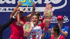 Miki Sudo reacts as she wins women's division of the 2024 Nathan's Famous Fourth of July International Hot Dog Eating Contest at Coney Island in New York City, U.S., July 4, 2024. REUTERS/Jeenah Moon