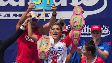 Miki Sudo reacts as she wins women's division of the 2024 Nathan's Famous Fourth of July International Hot Dog Eating Contest at Coney Island in New York City, U.S., July 4, 2024. REUTERS/Jeenah Moon
