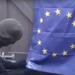 Un manifestante británico intenta quemar (sin mucho éxito) la bandera de la UE