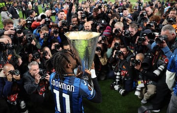 Ademola Lookman kisses the Europa League trophy after his match-winning display in May's final against Bayer Leverkusen.