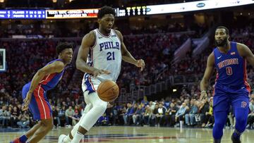 Dec 2, 2017; Philadelphia, PA, USA; Philadelphia 76ers center Joel Embiid (21) drives toward the net during the first quarter of the game against the Detroit Pistons at the Wells Fargo Center. Mandatory Credit: John Geliebter-USA TODAY Sports