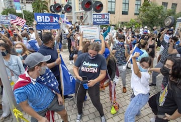 Biden supporters celebrate after major news organizations called the US 2020 Presidential Election for Joe Biden, defeating incumbent US President Donald J. Trump, at Freedom Tower, Miami, Florida.