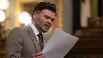 El portavoz de ERC en el Congreso, Gabriel Rufián, interviene durante una sesión plenaria, en el Congreso de los Diputados, a 27 de noviembre de 2024, en Madrid (España). El presidente del Ejecutivo y el presidente del PP, afrontan su primer cara a cara tras la DANA. Además, el PP, ‘acusara’ al Gobierno de los presuntos casos de corrupción de su partido.
27 NOVIEMBRE 2024;SANCHEZ;FEIJOO;DANA;CONGRESO
Eduardo Parra / Europa Press
27/11/2024