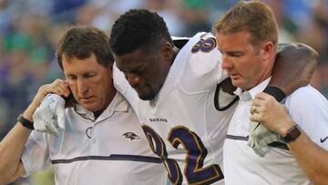 Aug 27, 2016; Baltimore, MD, USA; Baltimore Ravens tight end Ben Watson (82) is assisted off the field after suffering an injury against the Detroit Lions at M&amp;T Bank Stadium. Mandatory Credit: Mitch Stringer-USA TODAY Sports