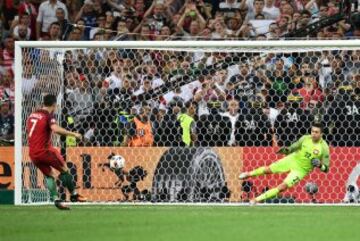 Cristiano Ronaldo marca el primer gol de la tanda de penaltis durante el partido de cuartos de final de la Eurocopa contra Polonia. 