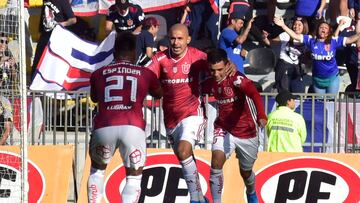 Futbol, Coquimbo Unido vs Universidad de Chile
Sexta fecha, segunda rueda, campeonato nacional 2019
El jugador de Universidad de Chile Leonardo Fernandez, derecha, celebra con sus companeros su gol contra Coquimbo Unido durante el partido de primera division disputado en el estadio Francisco Sanchez Rumoroso de Coquimbo, Chile.
31/08/2019
Alejandro Pizarro/Photosport
Football, Coquimbo Unido vs Universidad de Chile
Six date, second round, National Championship 2019
Universidad de Chile’s player Leonardo Fernandez, right, celebrates with teammates after scoring against Coquimbo Unido during the first division match held at the Francisco Sanchez Rumoroso stadium in Coquimbo, Chile.
31/08/2019
Alejandro Pizarro/Photosport