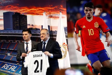 Soccer Football - Real Madrid - Brahim Diaz Presentation - Santiago Bernabeu, Madrid, Spain - January 7, 2019   Real Madrid's Brahim Diaz poses with his shirt alongside Real Madrid president Florentino Perez during the presentation   REUTERS/Juan Medina