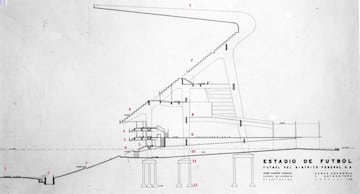Corte transversal: 1 Cancha, 2 Foso, 3 las dos secciones de gradería baja, 4 plateas bajas, 5 los tres niveles de palcos, 6 preferente y platea superiores, 7 tribuna general, 8 sistema de rampas a gradería alta, 9 estacionamiento de palcos, 10 túnel a gradería baja, 11 zapatas de cimentación, 12 pilas de cimentación.