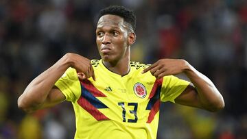 Yerry Mina celebrando el gol que marc&oacute; con la Selecci&oacute;n Colombia ante Inglaterra por los octavos de final del Mundial Rusia 2018