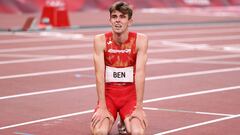 TOKYO, JAPAN - AUGUST 04:  Adrian Ben of Team Spain reacts after competing in the Men&#039;s 800m Final on day twelve of the Tokyo 2020 Olympic Games at Olympic Stadium on August 04, 2021 in Tokyo, Japan. (Photo by Patrick Smith/Getty Images)