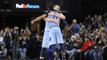 Jan 26, 2019; Memphis, TN, USA; Memphis Grizzlies center Marc Gasol (33) celebrates with guard Mike Conley after a three point shot by Gasol in the fourth quartet during the game against the Indiana Pacers at FedExForum. Memphis won106-103. Mandatory Credit: Nelson Chenault-USA TODAY Sports