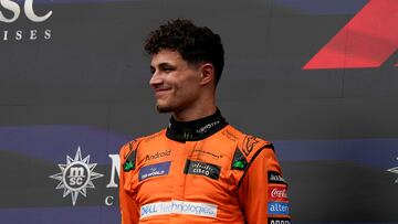 Imola (Italy), 19/05/2024.- Second-placed McLaren driver Lando Norris of Britain celebrates on the podium after the Formula One 1 Grand Prix of the Emilia Romagna in Imola, Italy, 19 May 2024. (F¨®rmula Uno, Italia, Reino Unido) EFE/EPA/DANILO DI GIOVANNI
