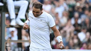 Spain's Rafael Nadal celebrates winning against Netherlands' Botic van de Zandschulp during their round of 16 men's singles tennis match on the eighth day of the 2022 Wimbledon Championships at The All England Tennis Club in Wimbledon, southwest London, on July 4, 2022. (Photo by Glyn KIRK / AFP) / RESTRICTED TO EDITORIAL USE