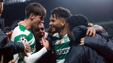 Sporting Lisbon's Colombian forward #97 Luis Suarez (C) celebrates scoring the opening goal during the UEFA Champions League league phase day 7 football match between Sporting CP and Paris Saint Germain at Jose Alvalade stadium in Lisbon on January 20, 2026. (Photo by PATRICIA DE MELO MOREIRA / AFP)