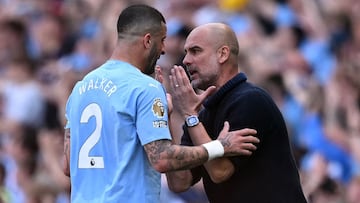 Manchester City's Spanish manager Pep Guardiola gives instructions to Manchester City's English defender #02 Kyle Walker during the English Premier League football match between Manchester City and West Ham United at the Etihad Stadium in Manchester, north west England, on May 19, 2024. (Photo by Oli SCARFF / AFP) / RESTRICTED TO EDITORIAL USE. No use with unauthorized audio, video, data, fixture lists, club/league logos or 'live' services. Online in-match use limited to 120 images. An additional 40 images may be used in extra time. No video emulation. Social media in-match use limited to 120 images. An additional 40 images may be used in extra time. No use in betting publications, games or single club/league/player publications. /