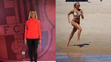 Annimari Korte, atleta del F.C. Barcelona, posa con el escudo en el Camp Nou y realiza un entrenamiento en la playa.