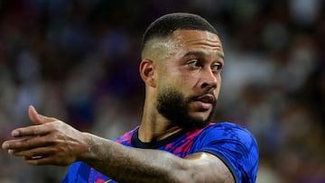 Memphis Depay, en un partido de Champions con el Barça.