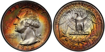 25-cent 1963-D coin, with Washington on the obverse and eagle on the reverse. Professional Coin Grading Service (PCGS).