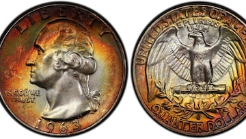 25-cent 1963-D coin, with Washington on the obverse and eagle on the reverse. Professional Coin Grading Service (PCGS).