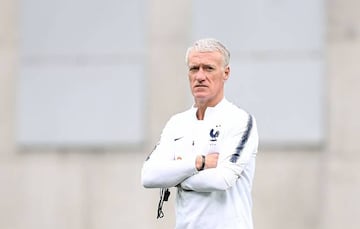 France's head coach Didier Deschamps looks at his players during a training session at the National stadium in Andorra La Vella.