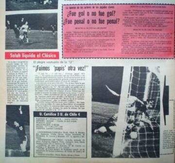 13 de junio de 1976: Clásico polémico, donde la U ganó 4-3 a la UC. La prensa se preguntaba: ¿Entró el cabezazo del azul Jorge 'Lulo' Socías? Fue el 2-2 a los 80'.