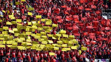 (FILES) This file photo taken on December 1, 2019 shows fans of Guangzhou Evergrande cheering for the team during the Chinese Super League (CSL) football match between Guangzhou Evergrande and Shanghai Shenhua in Guangzhou in China&#039;s southern Guangdo