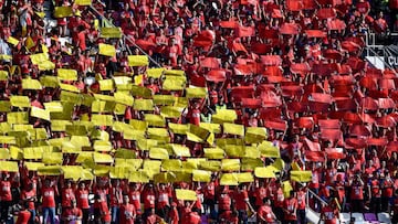 (FILES) This file photo taken on December 1, 2019 shows fans of Guangzhou Evergrande cheering for the team during the Chinese Super League (CSL) football match between Guangzhou Evergrande and Shanghai Shenhua in Guangzhou in China&#039;s southern Guangdo