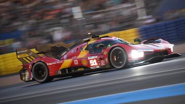 British driver James Calado steers his Ferrari 499P Hypercar WEC during a practice session prior to the 100th edition of the 24 hours of Le Mans on June 7, 2023. The 100th edition of the 24 hours of Le Mans will start on June 10, 2023. (Photo by JEAN-FRANCOIS MONIER / AFP)