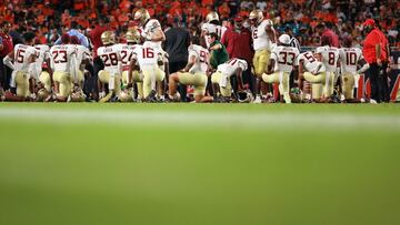 MIAMI GARDENS, FLORIDA - OCTOBER 26: Ashlynd Barker #27 of the Florida State Seminoles is injured against the Miami Hurricanes during the second half at Hard Rock Stadium on October 26, 2024 in Miami Gardens, Florida. Carmen Mandato/Getty Images/AFP (Photo by Carmen Mandato / GETTY IMAGES NORTH AMERICA / Getty Images via AFP)