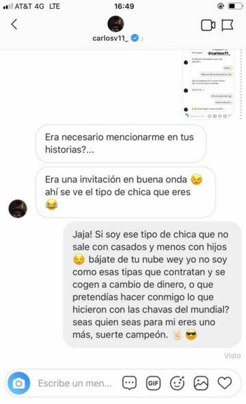 Modelo hace públicos unos mensajes en donde el jugador Carlos Vela la invita a salir, pero ella lo rechaza al enterarse que el jugador tiene una familia.
