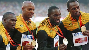 El relevo de Jamaica en 4x100 metros: de izquierda a derecha, Nesta Cartes, Asafa Powell, Nickel Ashmeade y Usain Bolt. 